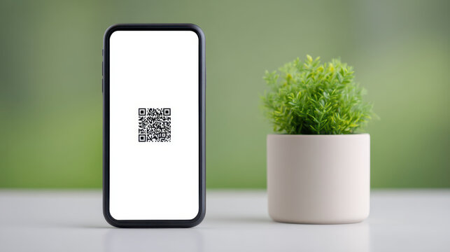 Mobile phone with QR code on screen next to small green plant in white pot on table, modern technology and nature blend