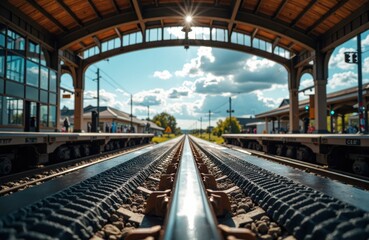 Naklejka premium Train station platform with railway tracks extending into the distance under a bright sky
