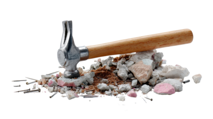 Hammer and Destruction: A detailed image of a shiny hammer rests atop a pile of broken rubble, its presence emphasizing themes of demolition, renovation, and forceful impact.