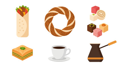 Traditional Turkish Cuisine Illustration Featuring Simit, Doner, Baklava, Turkish Delight, and Coffee. Ideal for Culinary Blogs, Travel Guides, and Restaurant Menus