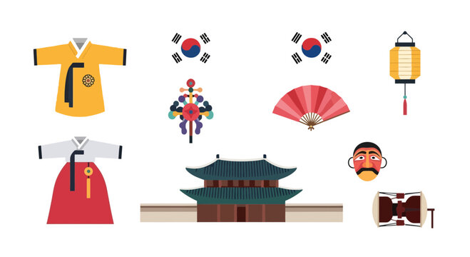 Collection of Korean cultural symbols and elements illustration, perfect for educational materials, travel guides, and designs related to Korean heritage and tourism