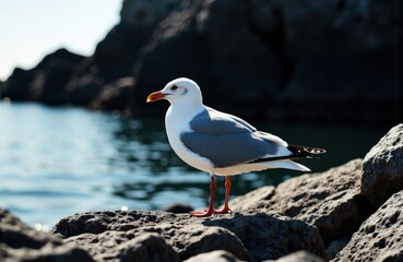 Fototapeta premium Seagull standing on rocks near water with rocky shoreline in background