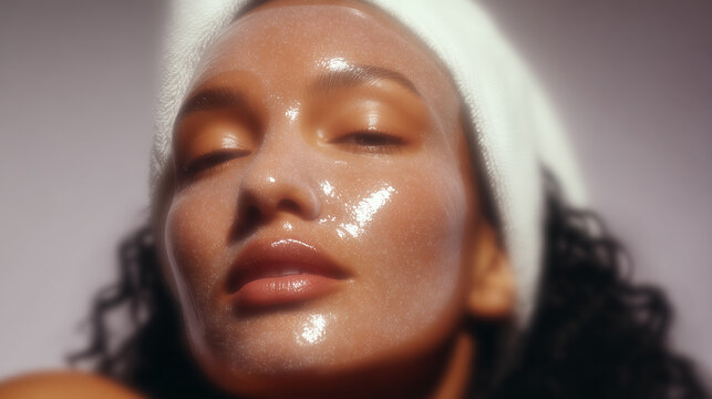 A woman with curly hair and a towel on her head after a shower applied a cosmetic face-cleansing mask. Anti-aging moisturizing facial mask.