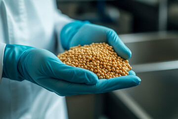 Person in blue gloves holds a handful of yellow soybeans. Agricultural research, food production quality, and seed inspection in a lab.