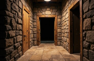 Fototapeta premium Woman standing in a rustic stone hallway with wooden doors and warm lighting