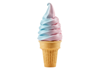 Isolated swirled ice cream cone is a cold dessert or refreshing treat on a hot day