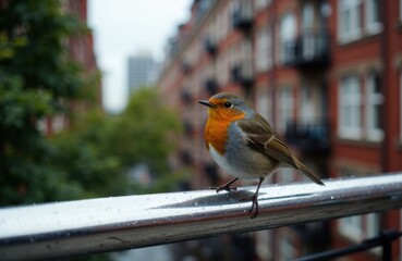 Close-up of a European robin perched on a metal railing in an urban setting with residential buildings in the background