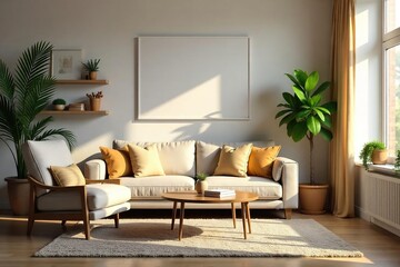Cozy living room scene with comfy sofa, armchair, coffee table, houseplants, and warm lighting Perfect for home, family, comfort, and interior design projects , homey, home decor