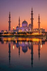 Grand mosque at dawn, reflected in a calm pool