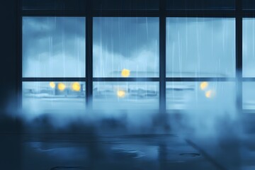 A rainy airport runway seen through a fogged up window with blurry lights and plane outlines 