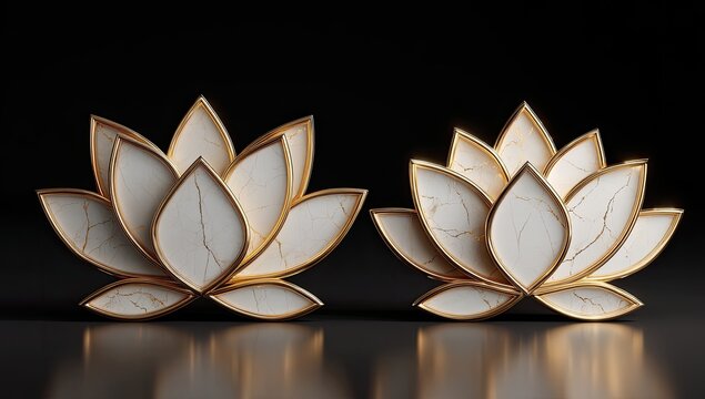 Elegant lotus flower motifs, cream-colored marble with gold trim, on black background