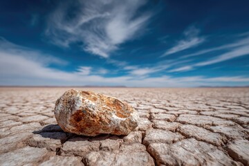 A lone rock rests in a cracked, arid landscape under a vibrant blue sky