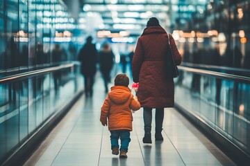 A passenger with a toddler in a crowded terminal with space around them for an ad promoting family friendly services