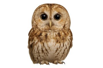 Tawny owl staring with intense gaze on transparent background