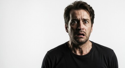 Fototapeta premium A man's expressive face conveys a look of intense fear and surprise against a plain white background.