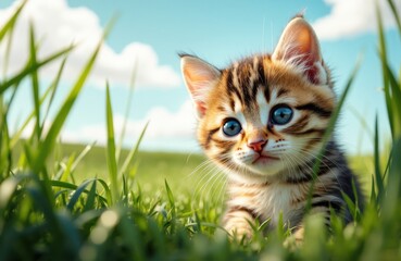 Cute tabby kitten with blue eyes exploring grassy field under bright sky