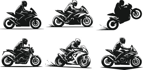 Motorcyclist Silhouettes in Six Dynamic Poses Featuring Sport, Street, and Stunt Riding Styles for Motorsport and Design Content