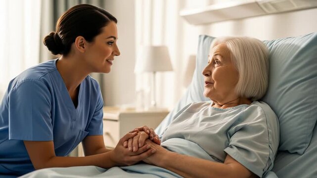 Nurse Comforting Elderly Patient in Hospital Room