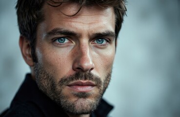 Obraz premium Close-up of a man with blue eyes and dark hair looking directly at the camera