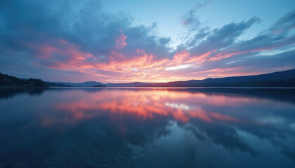 Serene lake reflects vibrant sky at dusk. Fiery orange, pink clouds blend with deep blue hues. Calm water mirrors sunset colors, rolling hills. Tranquil natural scenery, perfect for relaxation,