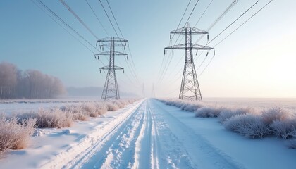 Power lines stretch across snowy fields under clear sky. Transmission towers stand tall along frosted path. Rural landscape conveys energy infrastructure, calm winter scene. Electricity grid visible.