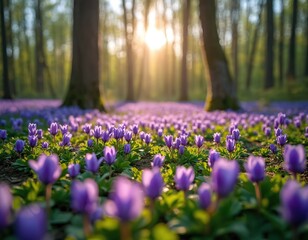 Fototapeta premium Wild violet forest floor carpeted with blooming purple wildflowers. Sunlight streams through trees illuminating woodland scene. Nature photography captures serene spring ground cover.