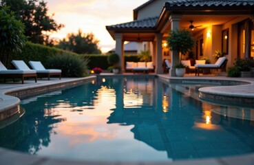 Obraz premium Swimming pool reflecting sunset light with lounge chairs and outdoor seating area