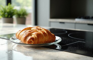 Freshly baked croissant on a glass plate in a modern kitchen setting with potted plants in the background