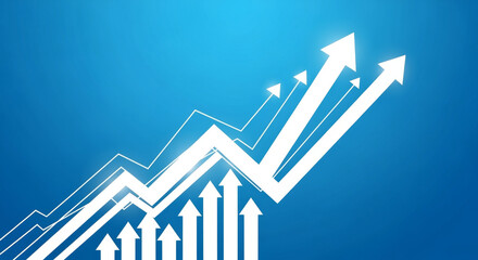 White arrows pointing upwards on a blue background representing growth and positive trend movement forward