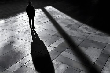A man standing alone near a departure gate with his shadow stretching across the floor 