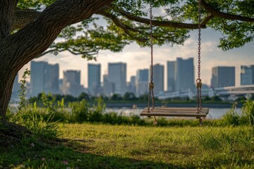 Empty swing under a tree, city view