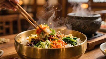 전통놋그릇비빔밥젓가락비비는모습