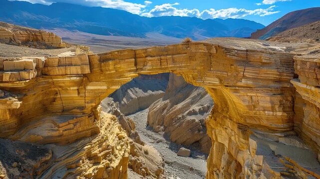 A canyon landscape featuring a suspension bridge spanning across its width