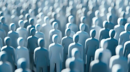 Fototapeta premium A crowd of identical blue figures, standing in a dense formation, with some individuals slightly more prominent than others, suggesting a sense of hierarchy or importance.