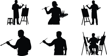 Painter Silhouettes in Six Artistic Poses Featuring Easels, Brushes, and Palettes for Creative, Educational, and Design Content