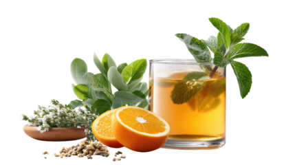 Refreshing Herbal Infusion: A vibrant composition showcases a transparent glass, filled with a golden, refreshing infusion. Complemented by fresh orange slices and green herbs