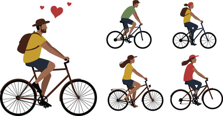 people riding bicycles illustration, outdoor cycling lifestyle, healthy activity, fitness exercise, man and woman biking, travel adventure vector art