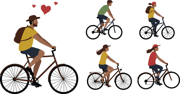 people riding bicycles illustration, outdoor cycling lifestyle, healthy activity, fitness exercise, man and woman biking, travel adventure vector art - Powered by Adobe
