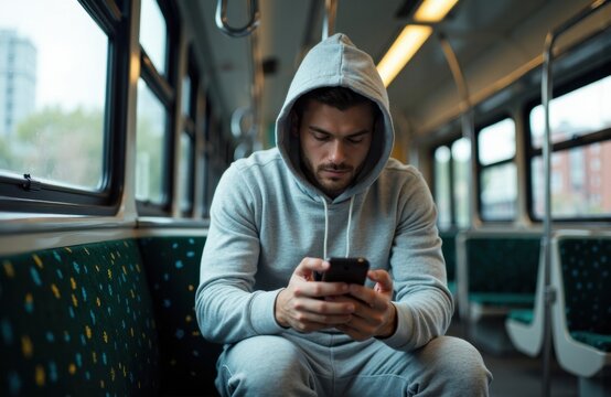 Young man in hoodie using smartphone on public transportation - Powered by Adobe