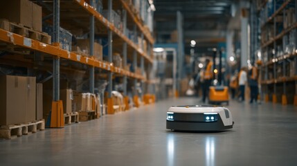 Medium shot showing a mobile robot navigating aisles in a warehouse its sensors active while shelves and workers in the background remain out of focus.