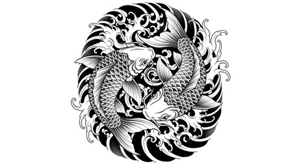 Waves of Destiny: Koi Tattoos in Monochrome Perfection