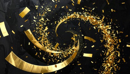 Obraz premium Golden confetti spirals on a dark background