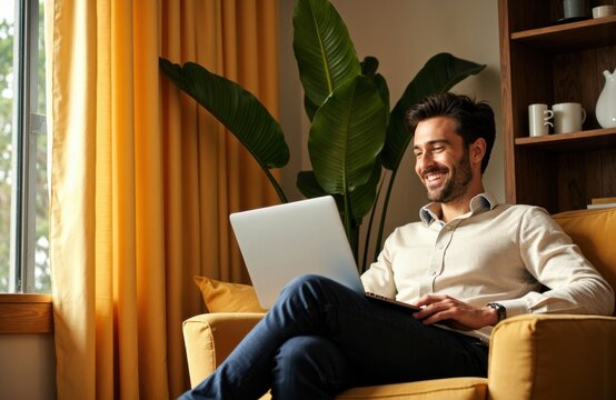 A man working on a laptop while sitting comfortably on a yellow sofa in a cozy living room