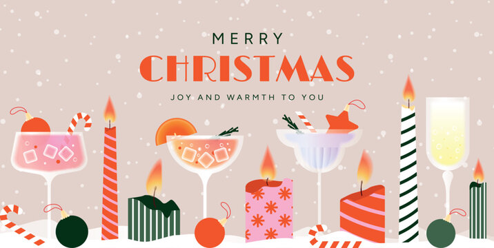 Merry Christmas and Happy New Year 2026 festive card with colorful cocktails, champagne glasses, burning candles, candy canes, baubles, snow background. Vector flat winter holiday illustration design