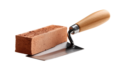 Brick and Trowel: A single red brick resting beside a trowel, this image captures the essence of construction and craftsmanship, showcasing the fundamental tools and materials used in building.