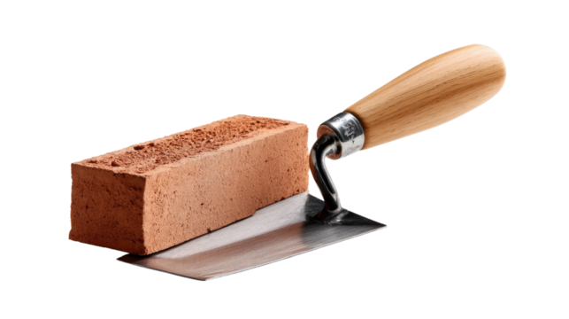 Brick and Trowel: A single red brick resting beside a trowel, this image captures the essence of construction and craftsmanship, showcasing the fundamental tools and materials used in building.