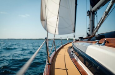 Fototapeta premium Sailing boat with white sail on open water under clear blue sky