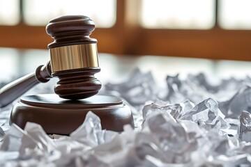 A conceptual image of a courtroom gavel surrounded by crumpled legal papers, with the blurred background suggesting the chaos and disorder of judicial proceedings.