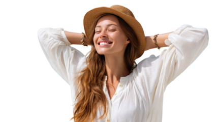 Sun-Kissed Serenity: A portrait of blissful relaxation. A person, basks in the warmth, embodying serenity and freedom, captured against a clean, bright backdrop.