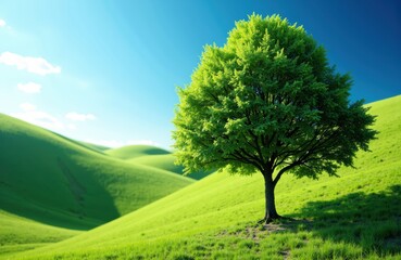 Fototapeta premium A solitary green tree stands prominently on a lush grassy hill under a bright blue sky